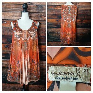 OneWorld Top XL Bohemian Pleated Sleeveless Tunic Sequin Embellished Flowy